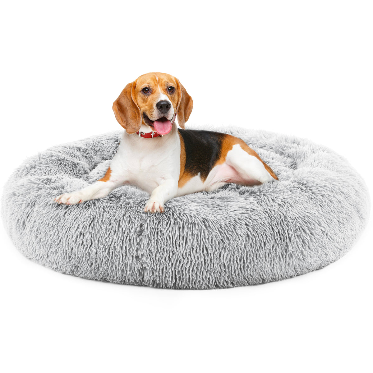 Washable fluffy round pet bed with a soft plush surface for everyday comfort.