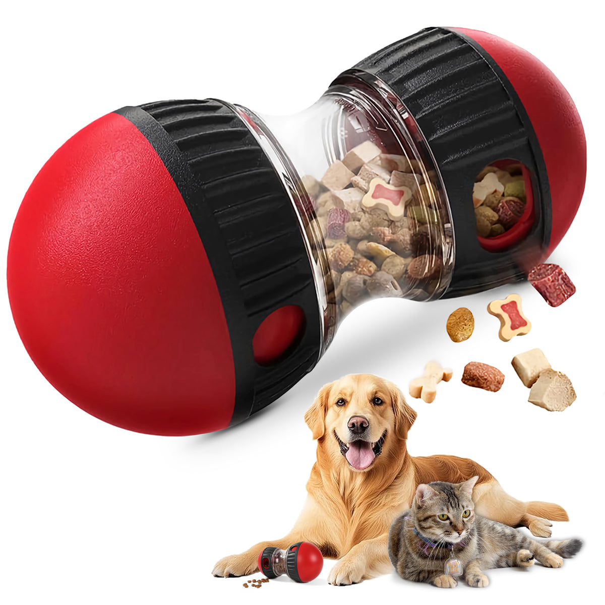 Dog treat dispensing ball designed for slow feeding and interactive play.