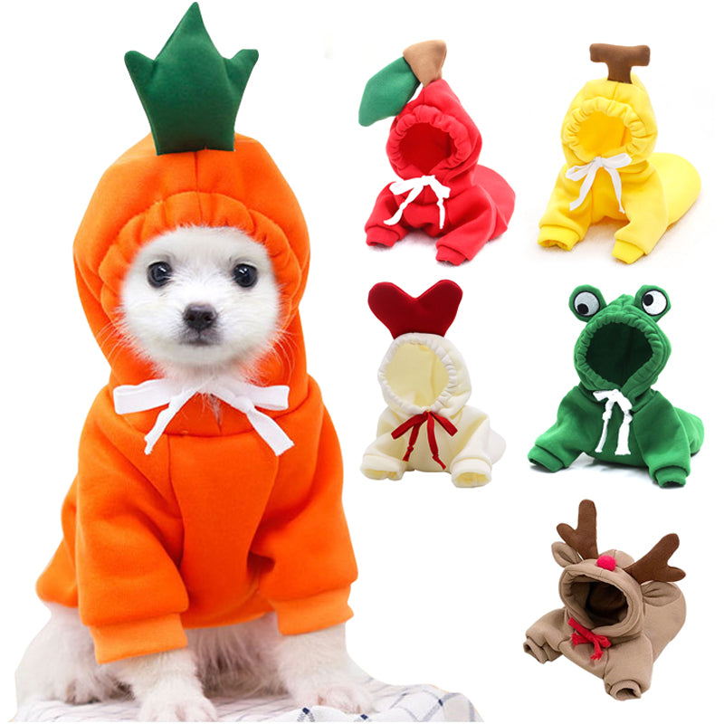 Cute fruit-inspired dog hoodie with a cozy design for small dogs and puppies.