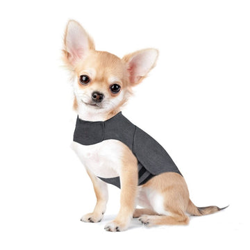 Heather gray dog anxiety jacket with a snug vest-style design for everyday wear.