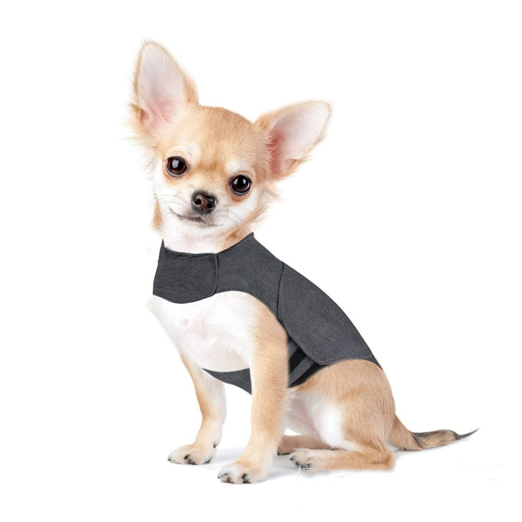 Heather gray dog anxiety jacket with a snug vest-style design for everyday wear.