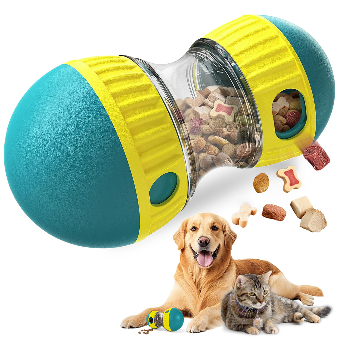 Adjustable kibble dispensing dog toy with a controlled food-release opening.