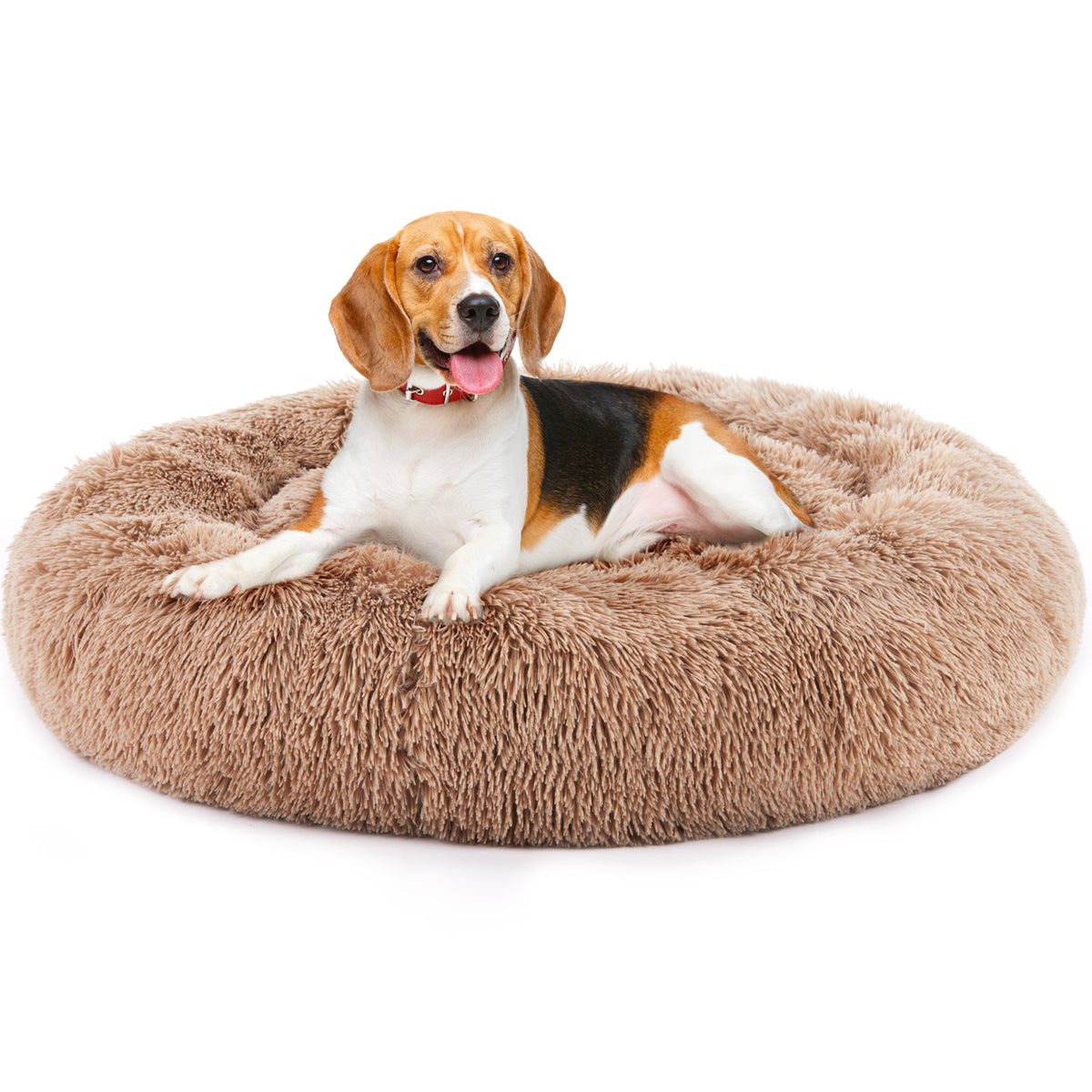 Round fluffy plush dog bed with soft faux fur, designed for comfortable sleeping and relaxing.