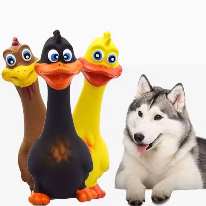 Yellow screaming chicken squeaky dog toy with cartoon eyes and pink details, measuring 6.8 inches long.