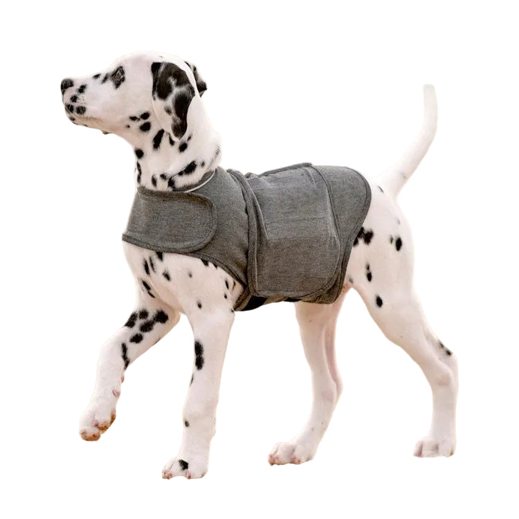 Soft gray dog calming vest designed to provide comfortable, close-fitting coverage.